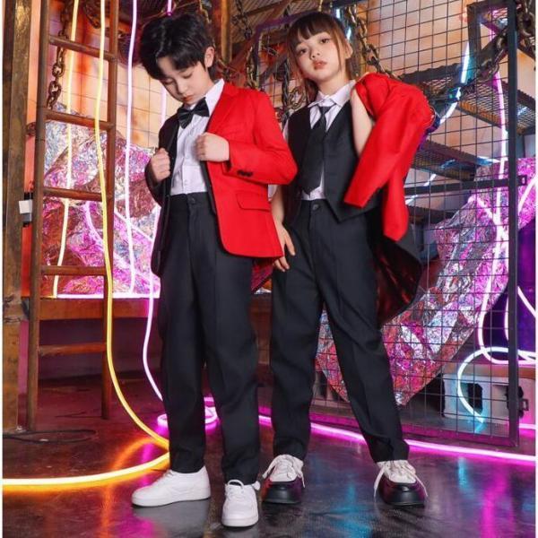 スーツ子供ダンス衣装　ヒップホップジャズダンスウェア　舞台演出服　hiphopjazz男女兼用赤+黒切り替えスーツジャケット　ジレベスト　半袖ワイシャツ　スーツの画像
