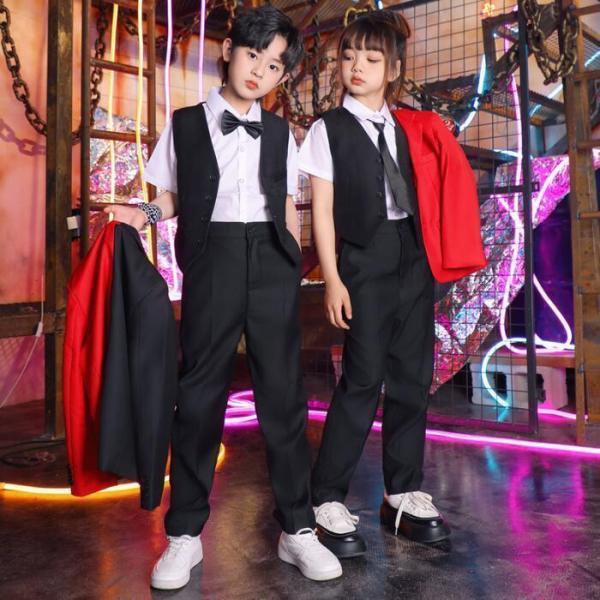 スーツ子供ダンス衣装　ヒップホップジャズダンスウェア　舞台演出服　hiphopjazz男女兼用赤+黒切り替えスーツジャケット　ジレベスト　半袖ワイシャツ　スーツの画像