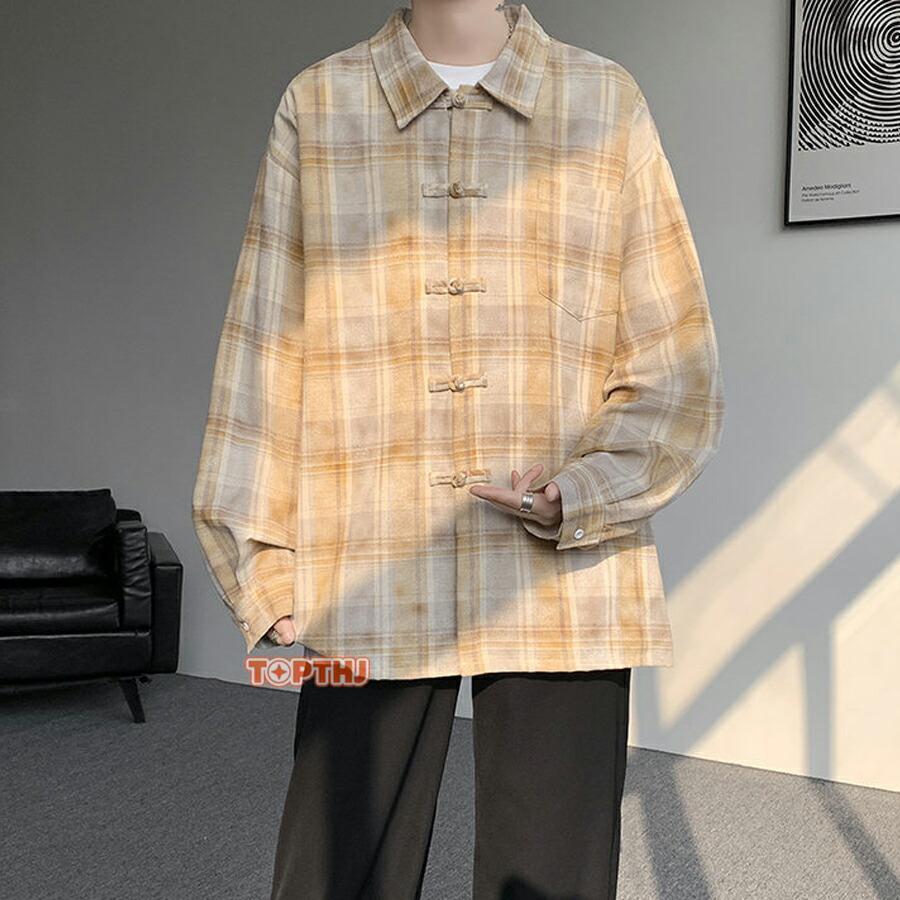 チャイナシャツ メンズ 長袖 チェック柄 オシャレ チャイナ服 シャツ