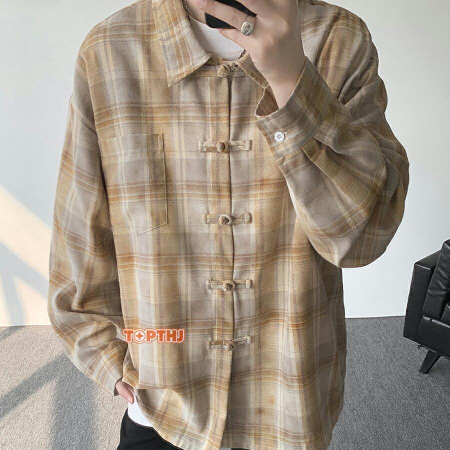 チャイナシャツ メンズ 長袖 チェック柄 オシャレ チャイナ服 シャツ