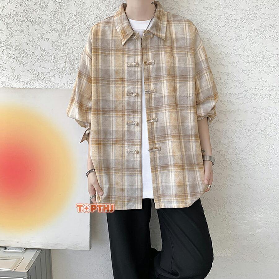 チャイナシャツ メンズ 長袖 チェック柄 オシャレ チャイナ服 シャツ