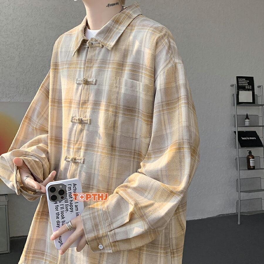 チャイナシャツ メンズ 長袖 チェック柄 オシャレ チャイナ服 シャツ
