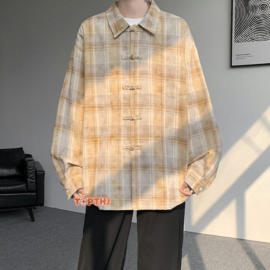 チャイナシャツ メンズ 長袖 チェック柄 オシャレ チャイナ服 シャツ
