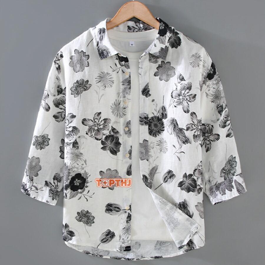 花柄シャツ メンズ シャツ リネンシャツ 麻 カジュアルシャツ 薄手 夏