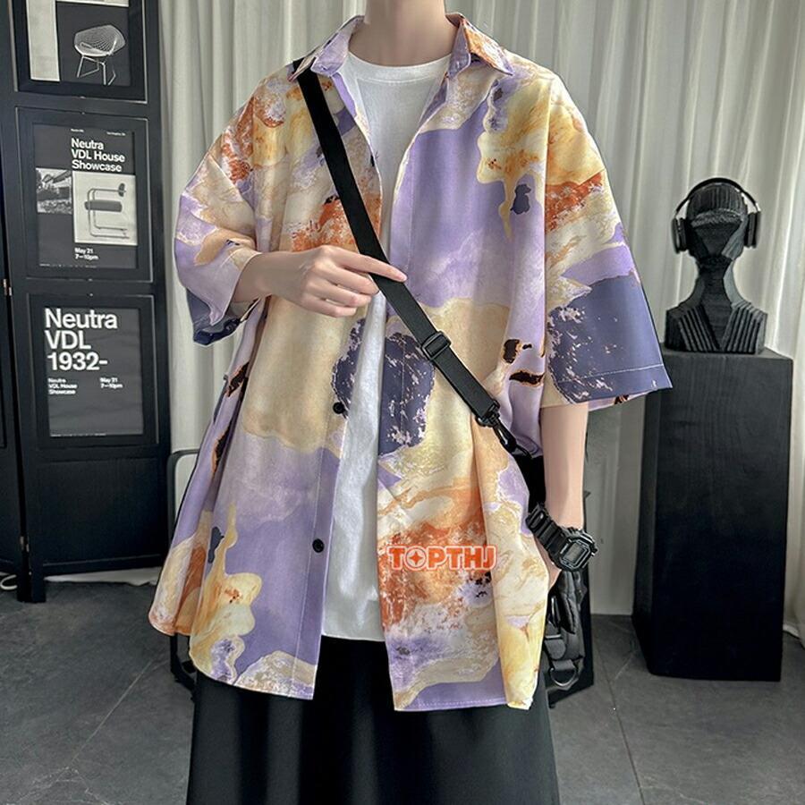 Sillage シアージュ　タイダイ風シャツ／オーバーサイズ cityboy シャツ 7分袖シャツ オーバーサイズ カジュアルシャツ メンズ タイダイ