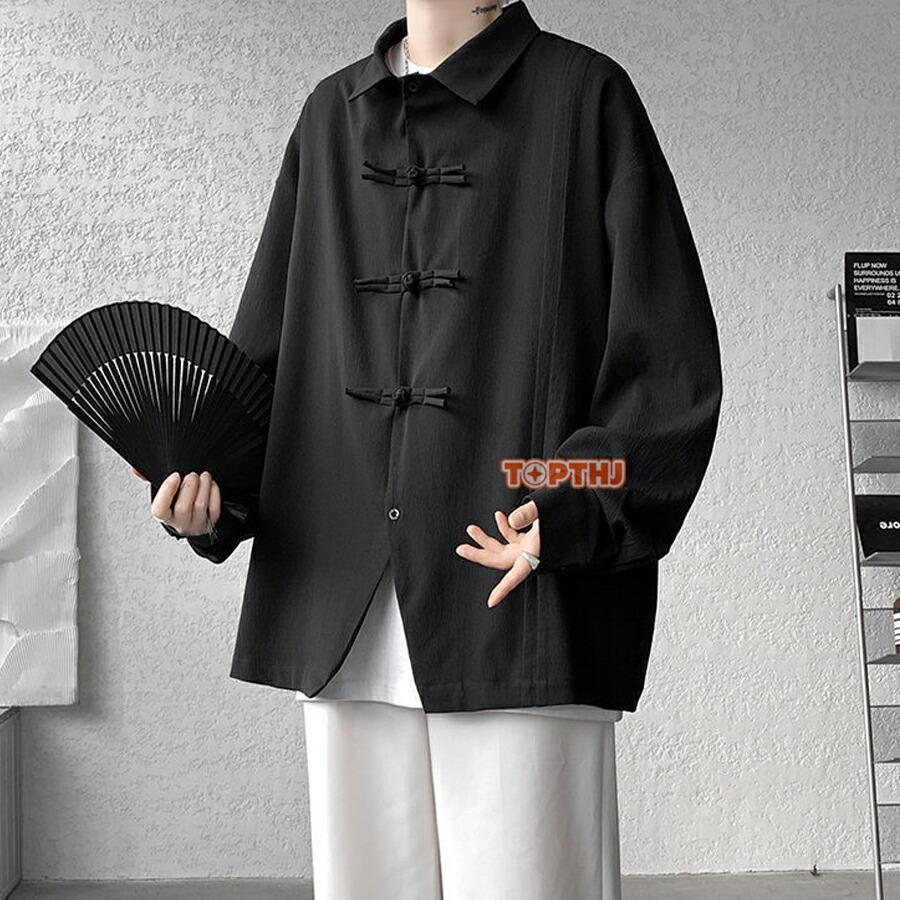 長袖 無地 カンフーウェア チャイナ服 メンズ カジュアルシャツ