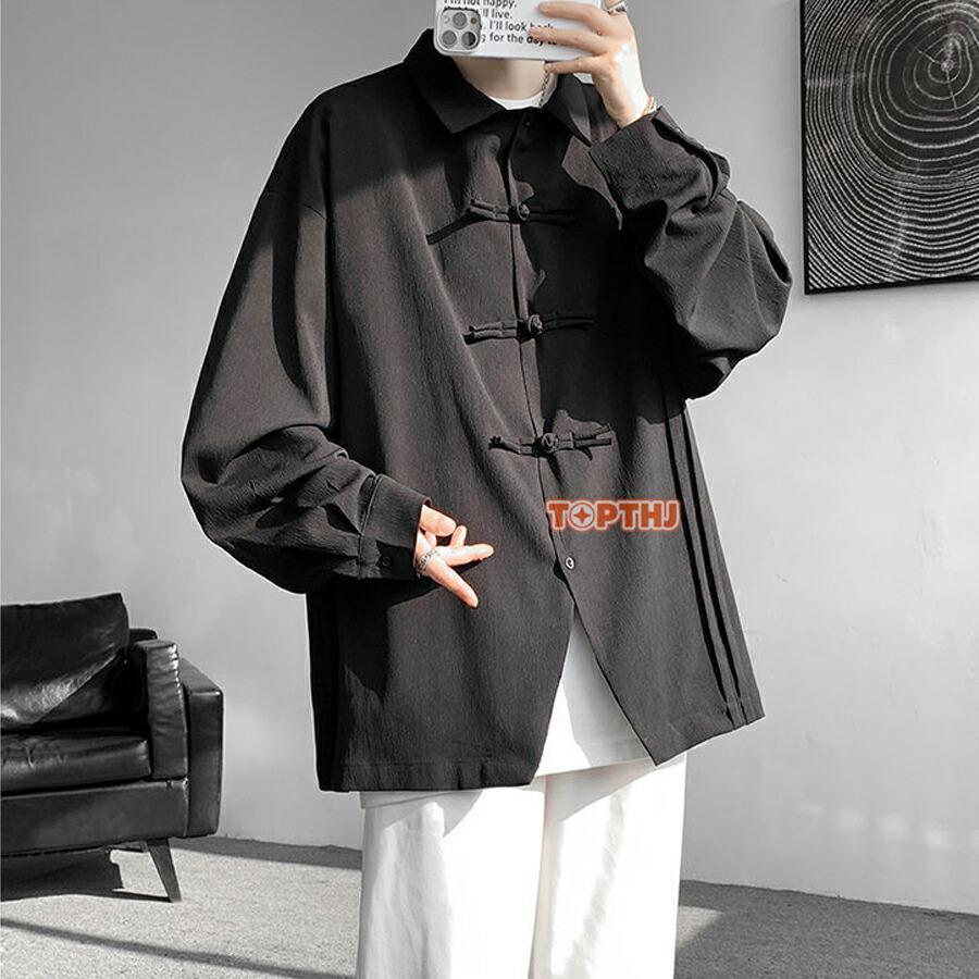 長袖 無地 カンフーウェア チャイナ服 メンズ カジュアルシャツ