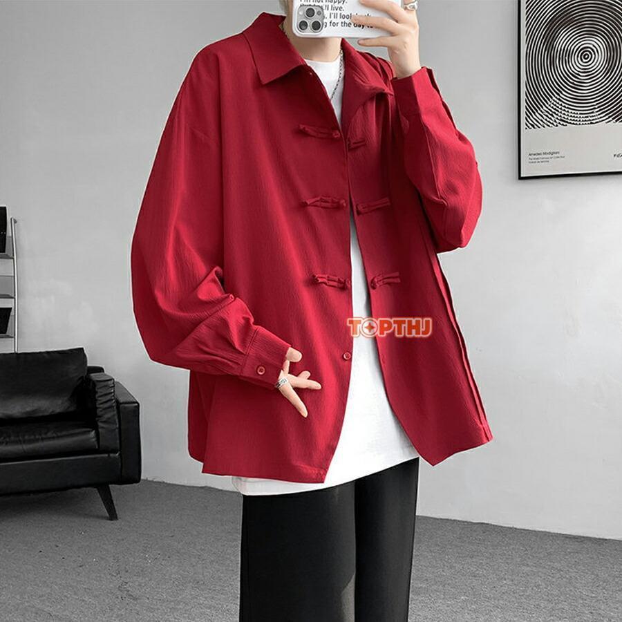 ジャンポールゴルチエ　チャイナ服シャツ　長袖　赤茶　サイズ40 長袖 無地 カンフーウェア チャイナ服 メンズ カジュアルシャツ