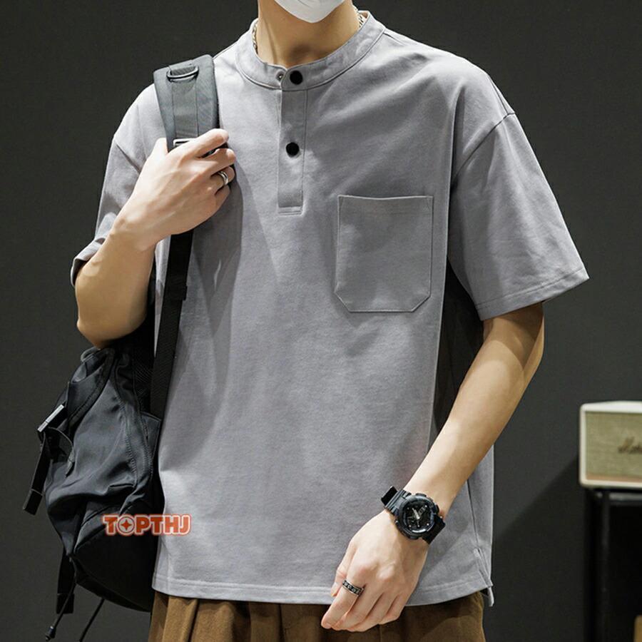ヘンリーネック tシャツ メンズ 半袖tシャツ 胸ポケット付き 無地