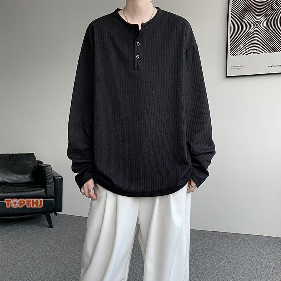 ビッグtシャツ メンズ ヘンリーネック 長袖 Tシャツ ゆったり ロンt