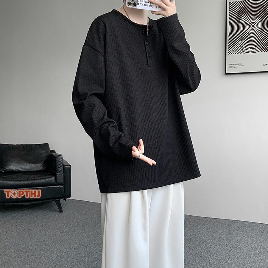 ビッグtシャツ メンズ ヘンリーネック 長袖 Tシャツ ゆったり ロンt