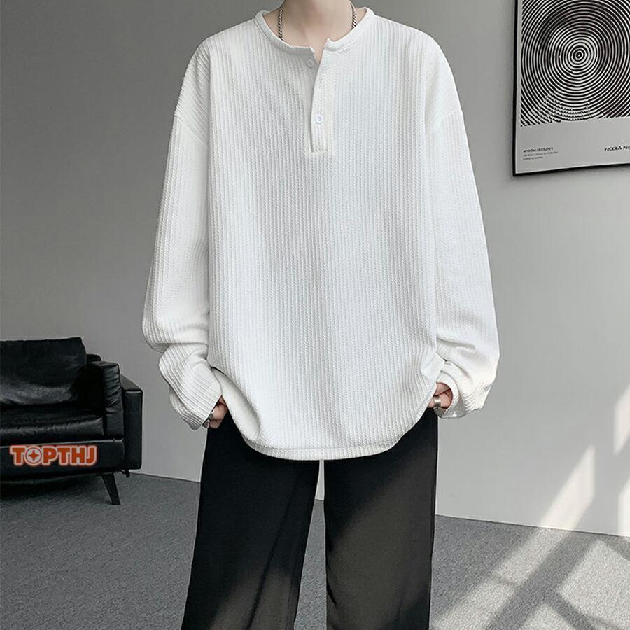 ビッグtシャツ メンズ ヘンリーネック 長袖 Tシャツ ゆったり ロンt