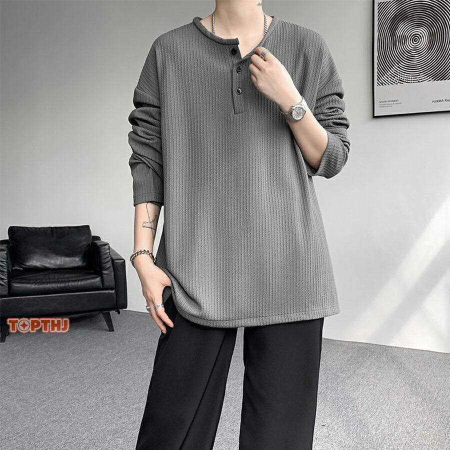 ビッグtシャツ メンズ ヘンリーネック 長袖 Tシャツ ゆったり ロンt