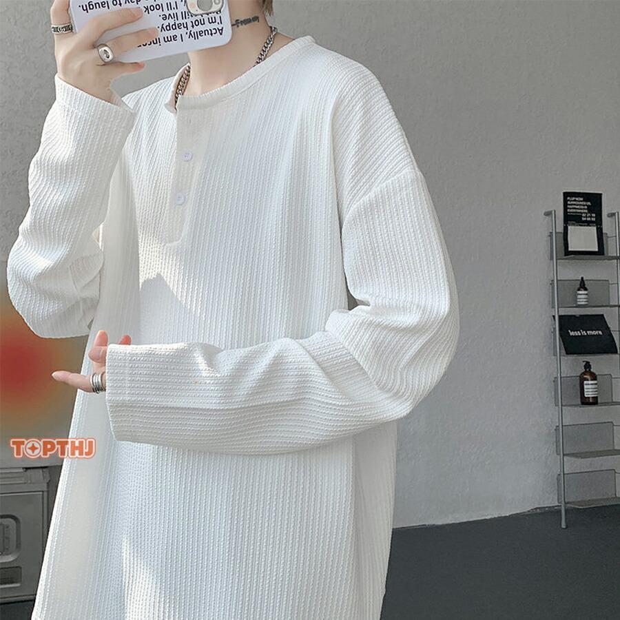 ビッグtシャツ メンズ ヘンリーネック 長袖 Tシャツ ゆったり ロンt
