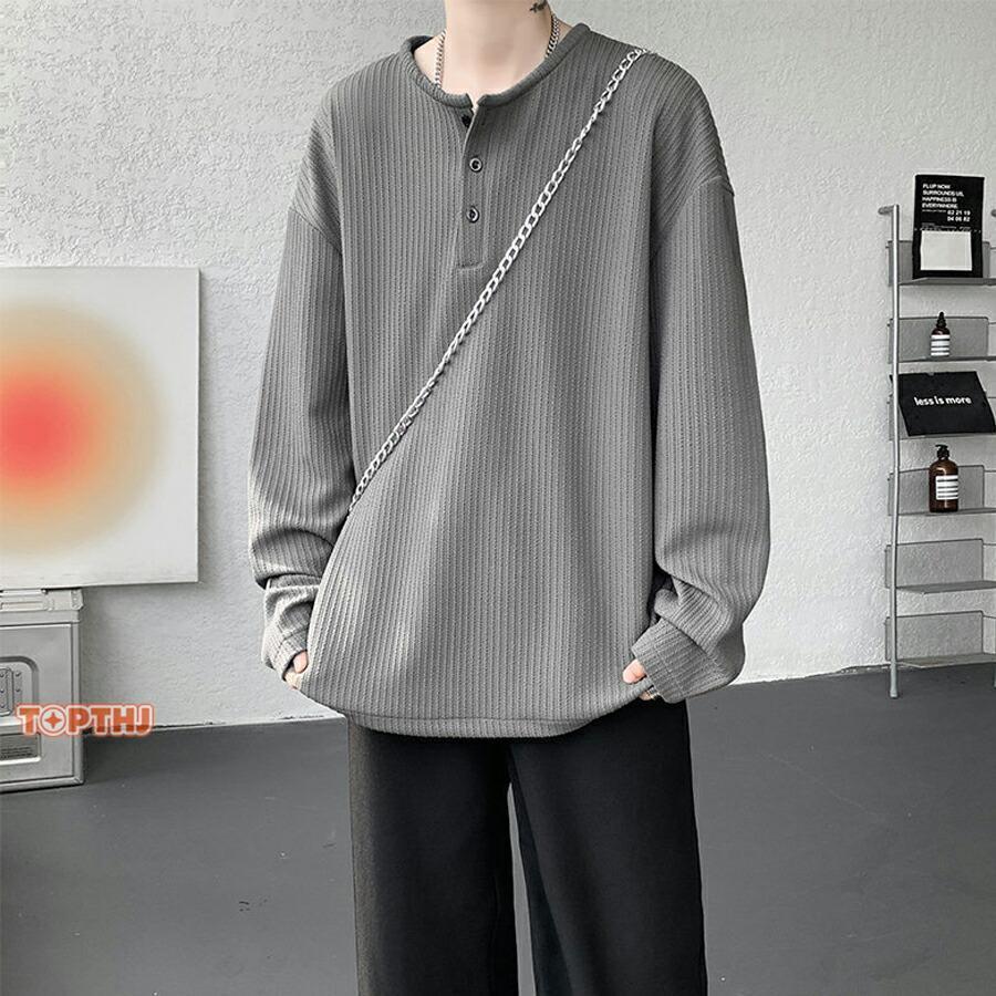 ビッグtシャツ メンズ ヘンリーネック 長袖 Tシャツ ゆったり ロンt