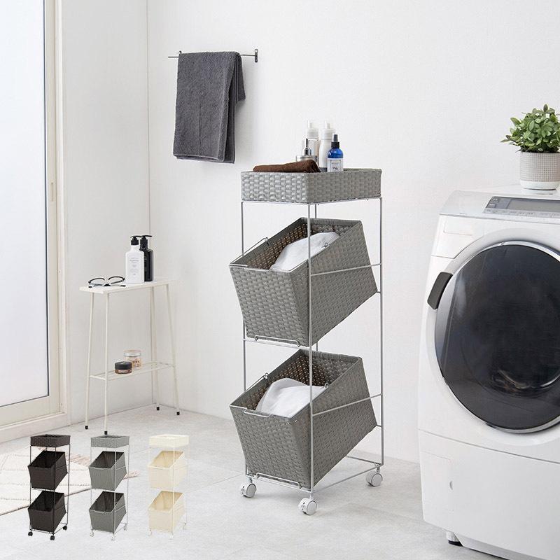 ランドリーラック バスケット付き 大容量 2段バスケット 幅28cm スリムタイプ 分別洗濯物ラック かご2個付き おしゃれなラタン調 WH DBR GY 代引不可 |  | 01
