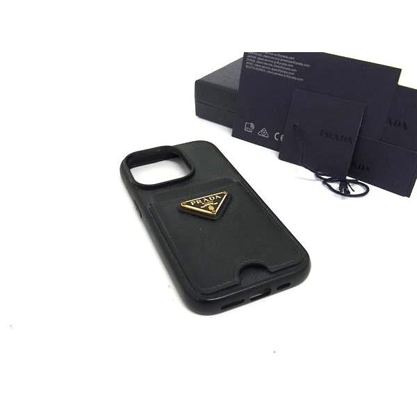 PRADA プラダ サフィアーノレザー iPhone14Pro対応 アイフォンケース スマホケース メンズ レディース ブラック系 BN3598 | PRADA