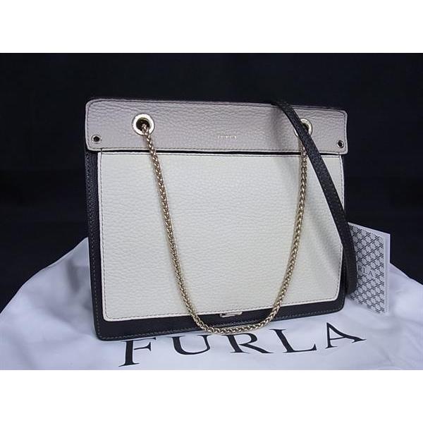 ■新品同様■ FURLA フルラ ライク レザー チェーン ショルダーバッグ 斜め掛け 肩掛け レディース アイボリー系×ブラック系 FG8806 FURLA（フルラ） □新品同様□ ライク レザー チェーン ショルダー