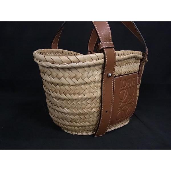 ■美品■ LOEWE ロエベ アナグラム バスケットバッグ ラフィア×レザー ハンドバッグトート レディース ブラウン系 FP7236 LOEWE（ロエベ） □美品□ アナグラム バスケットバッグ ラフィア