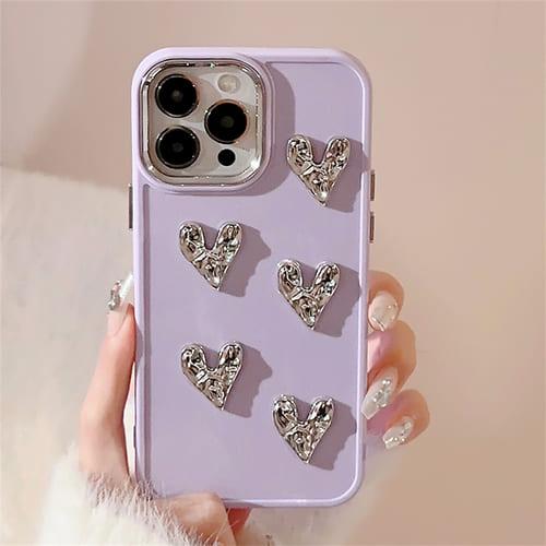 iPhone ケース 韓国 ハート 立体 シルバー メタリック レトロ かわいい