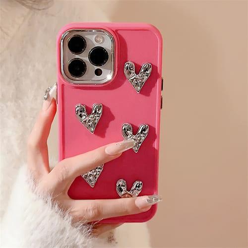 iPhone ケース 韓国 ハート 立体 シルバー メタリック レトロ かわいい