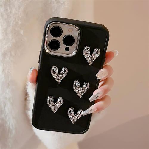 iPhone ケース 韓国 ハート 立体 シルバー メタリック レトロ かわいい