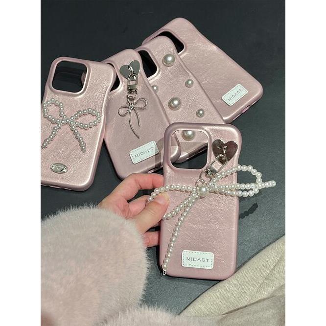 iPhoneケース パール リボン 韓国 かわいい ピンク レザー ワンホン