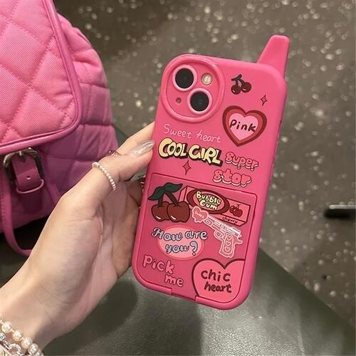 レトロガラケー風 iPhoneケース ピンク ビビットピンク ミラー付き