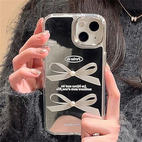 iPhone ケース 韓国 背面ミラー リボン かわいい カバー 鏡 シルバー