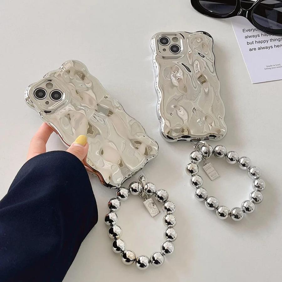 iPhone ケース 韓国 メタリック シルバー おしゃれ ウェーブ うねうね