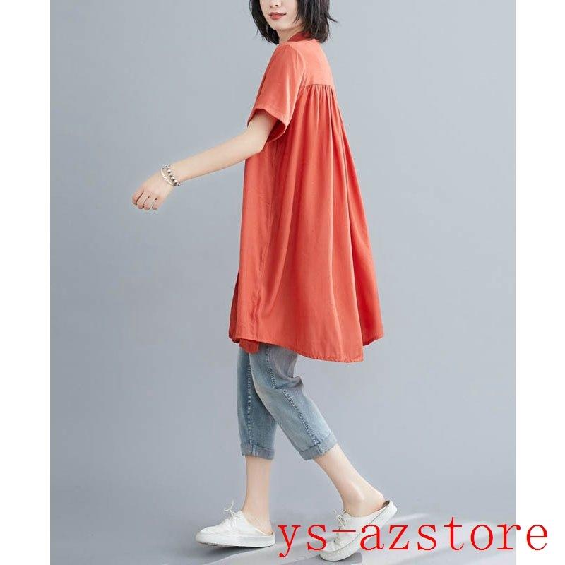 オンラインショップ シャツブラウス 夏 シャツワンピース ワンピース ロングシャツ ギャザー入り 半袖 体型カバー ビッグシルエット ゆったり ワンピース カラー ホワイト Www We Job Com