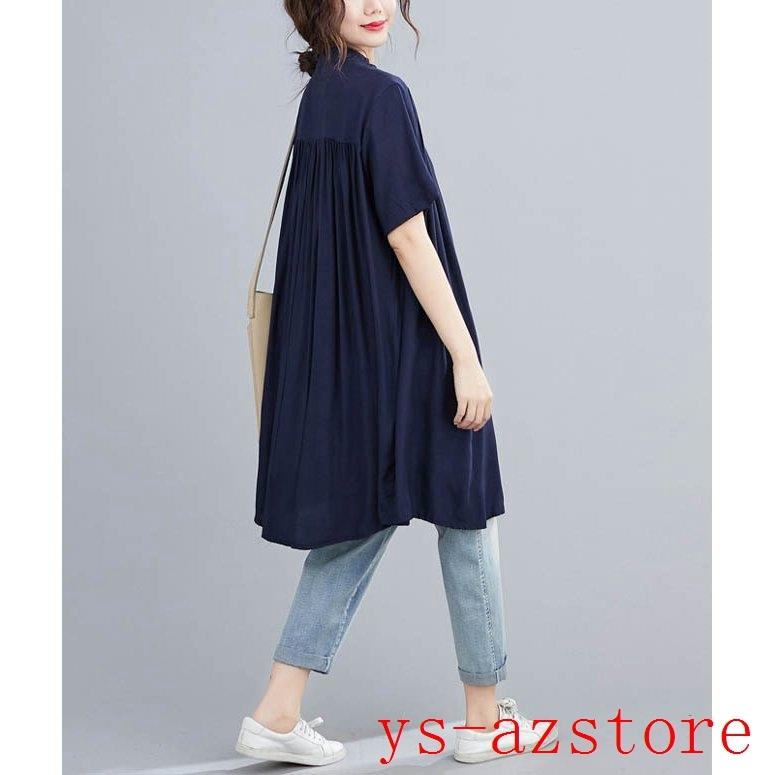 オンラインショップ シャツブラウス 夏 シャツワンピース ワンピース ロングシャツ ギャザー入り 半袖 体型カバー ビッグシルエット ゆったり ワンピース カラー ホワイト Www We Job Com