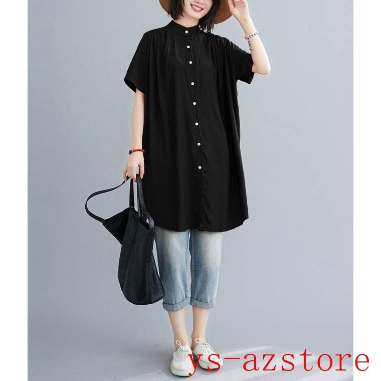 オンラインショップ シャツブラウス 夏 シャツワンピース ワンピース ロングシャツ ギャザー入り 半袖 体型カバー ビッグシルエット ゆったり ワンピース カラー ホワイト Www We Job Com