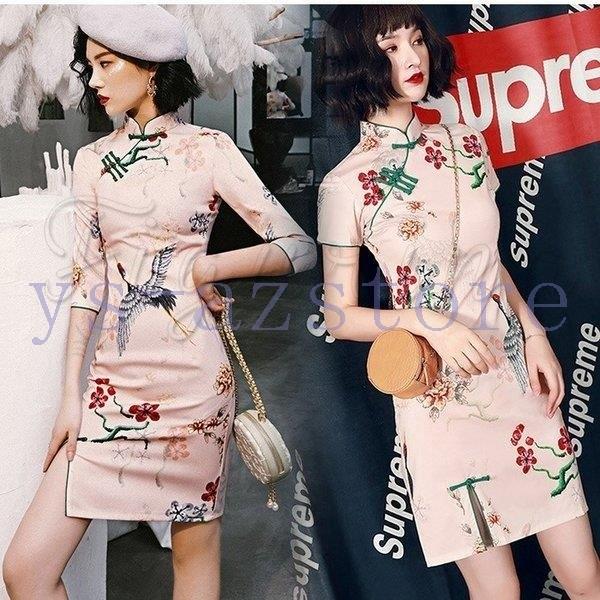 Sale ミニ丈 花柄 立ち襟 半袖 鶴柄 チャイナ服 レディース チャイナドレス ドレス お洒落 ファッション ストレッチ スリット入り ワンピース チャイナドレス カラー Color3 Www Quantumbytestore Com