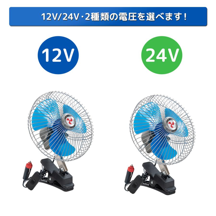 扇風機 12V/24V選択 8インチ レトロ クリップ式 首振り 角度調整
