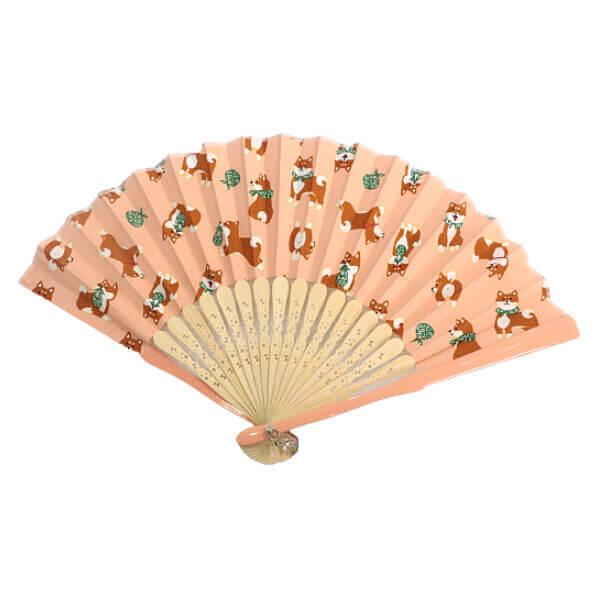 扇子 可愛い 柴犬 お散歩わんこ ピンク 20cm ワンコ 黒柴 豆しば ワン
