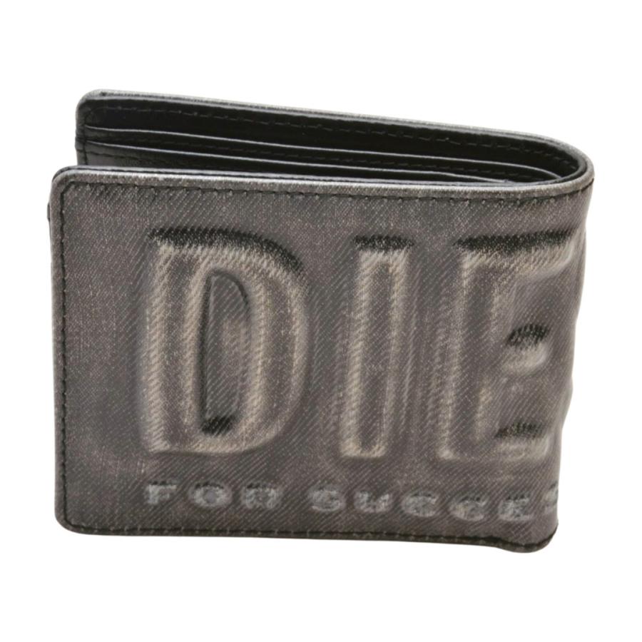 DIESEL ディーゼル 黒 エンボス立体ロゴ 折り財布 USED加工
