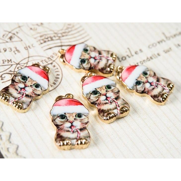 紗や工房 チャーム イラスト クリスマス猫 金 約23mmx14mm 5個 ピアス
