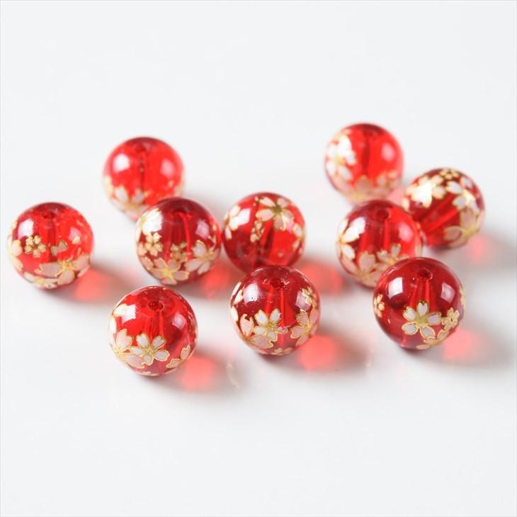ビーズパーツ 桜ビーズ 透明 10mm レッド 8個 8ヶ 約1cm ビーズ