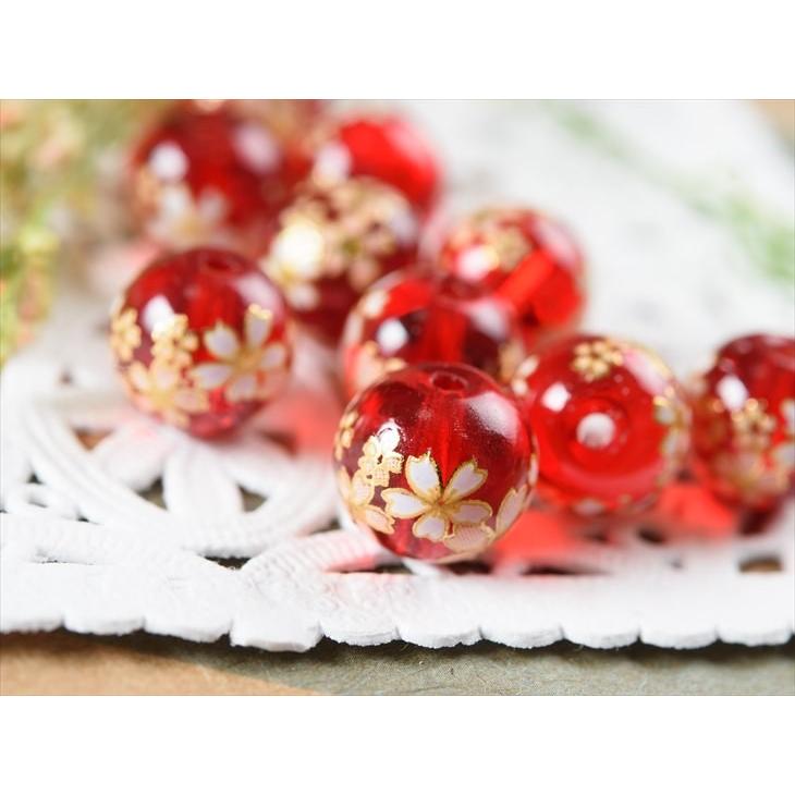 【桜　クリスマスパーツ】 ビーズパーツ 桜ビーズ 透明 10mm レッド 8個 8ヶ 約1cm ビーズ 桜模様