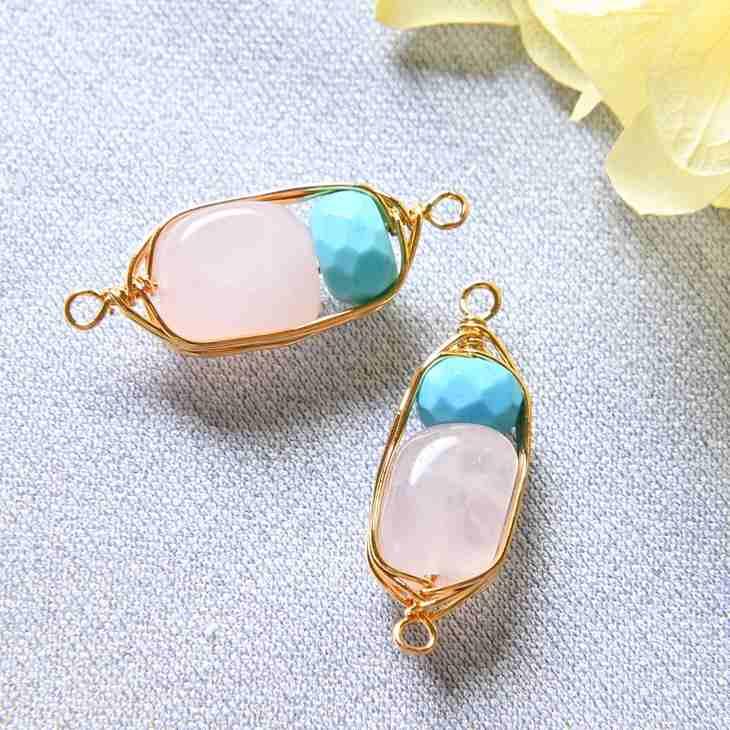 天然石チャーム ワイヤーラッピング ローズクォーツ×ターコイズ 23.5mm