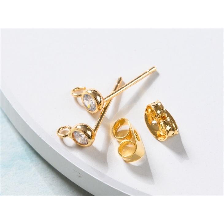 ピアスパーツ 金メッキ 1ペア 2個 キャッチ付 ポストピアス 一粒石 3mm