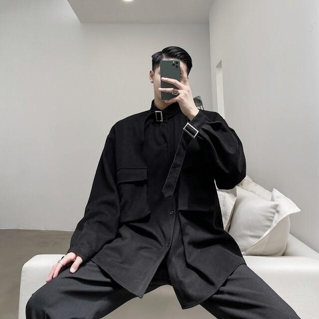 ジャケット メンズ モード系 黒シャツ モダンデザイン ネックベルト 袖ベルト 大人きれいめ おしゃれ かっこいい ストリート系 オルチャ 祝開店大放出セール開催中