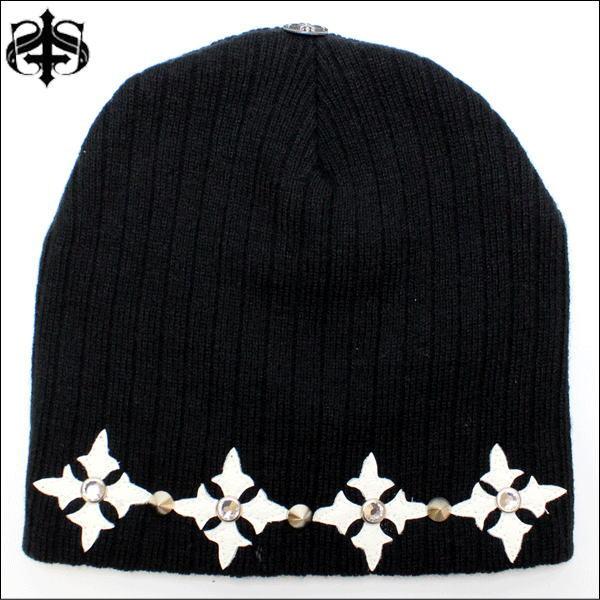 THE SAINTS SINPHONY (セインツシンフォニー)　ニットキャップ　ラインストーン スタッズ レザー クロス ビーニー　Beanies　BLACK/WHITE(7A)｜ysk-style