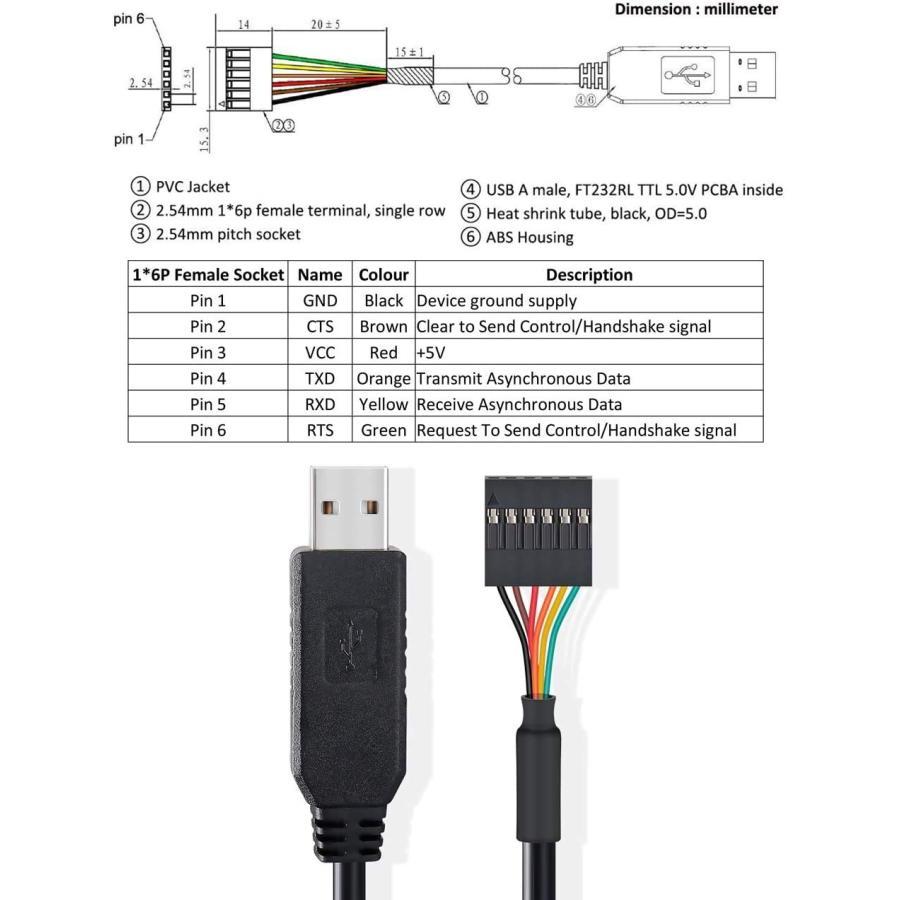 DTECH USB TTL シリアル 変換 ケーブル 5V 1m FTDI チップセット 6ピン 2.54mm ピッチ メス コネクタ FT232R｜ysnex｜02