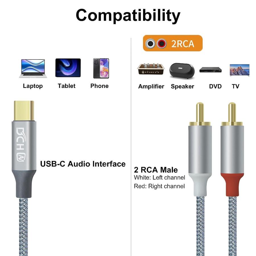 DCHAV USB C to 2RCA 変換 オーディオケーブル 1.2m Y型 分岐 赤/白 DACチップ搭載 USB Type-C オーディオケ｜ysnex｜03