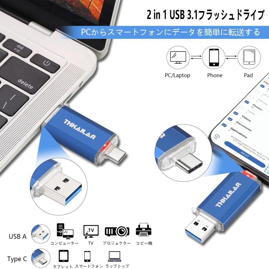 THKAILAR 128GB USBメモリタイプC USB 3.1 超高速フラッシュドライブ 読取最大150MB/s Type-C ＆ Type-A｜ysnex｜03