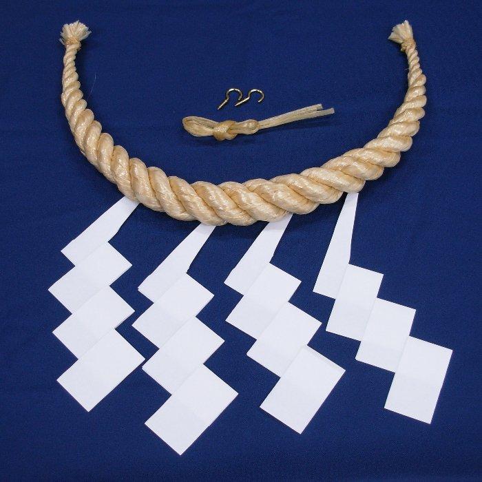 しめ縄 中太 2尺 化繊製 国産 麻色 60cm 前垂無し 化繊製紙垂付 鼓胴型