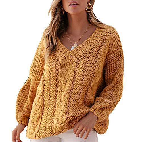 Cicy Bell Women's Pullover Sweaters Oversized Cable Knit V Neck Long Sleeve