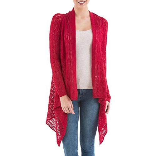 NOVICA Red Alpaca Wool Blend Sidetail Cardigan Sweater, Mirage'並行輸入品　送料無料